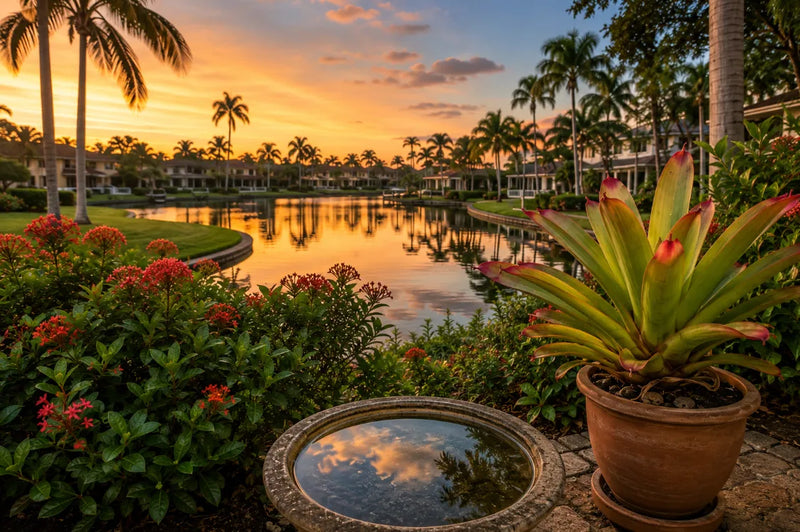 A Naples waterfront community at sunset, with palm trees, a canal, tropical landscaping, a water-filled birdbath, and a potted bromeliad: coastal conditions and standing water that support year-round mosquito activity in Southwest Florida.