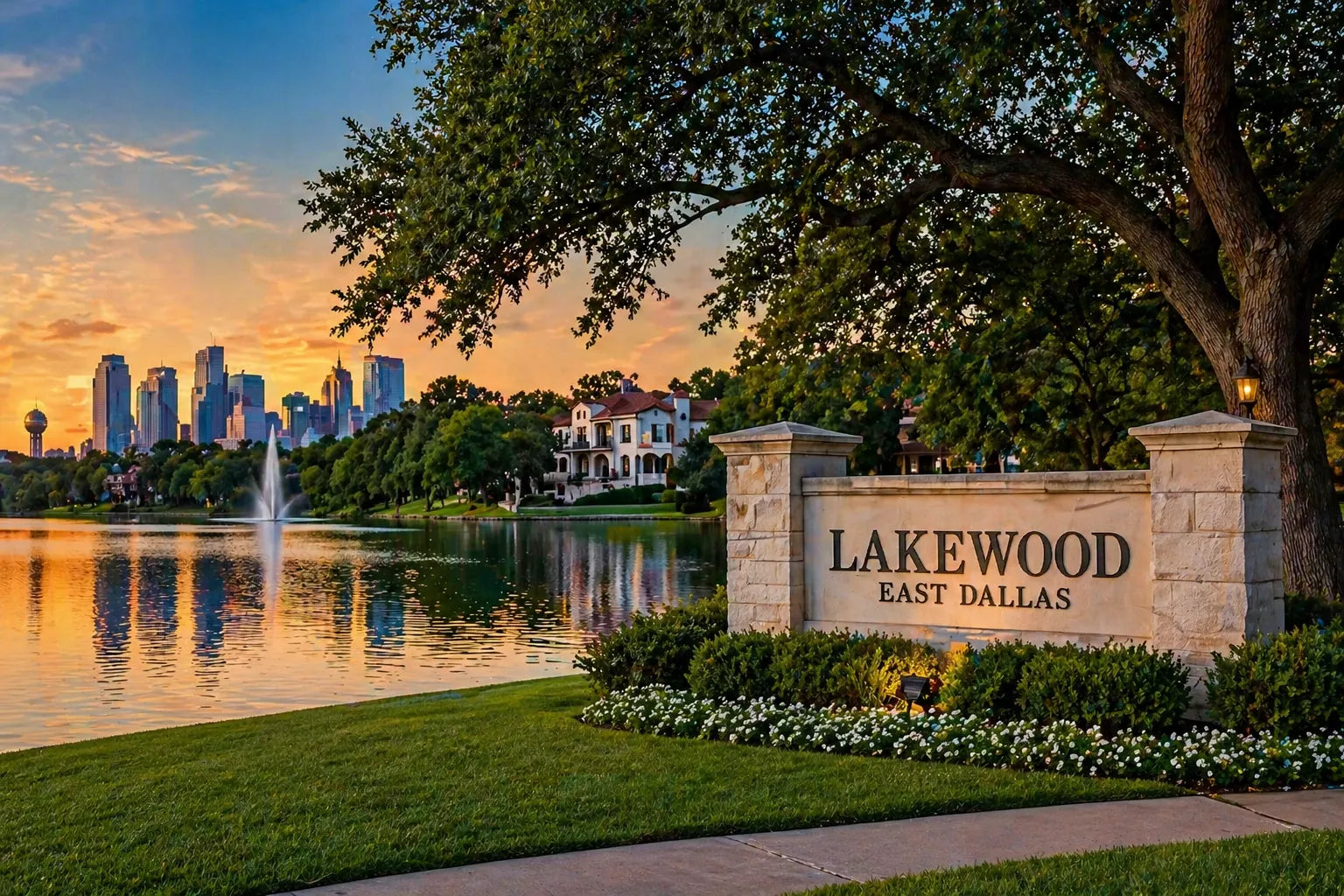 Scenic view of Lakewood East Dallas at sunset featuring a lakeside fountain, upscale homes, tree-lined shore, and Dallas skyline with neighborhood entrance sign in the foreground.
