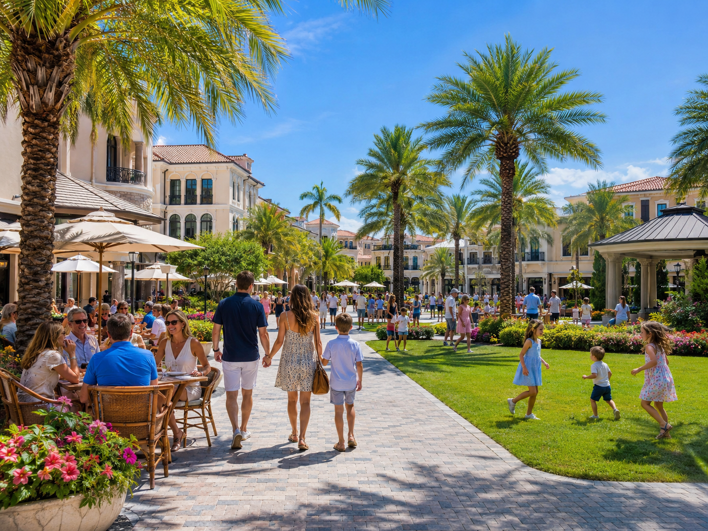 Naples community scene with palm-lined walkways, outdoor café seating, families walking, children playing on a green lawn, elegant coastal buildings, flowers, and a bright sunny sky.