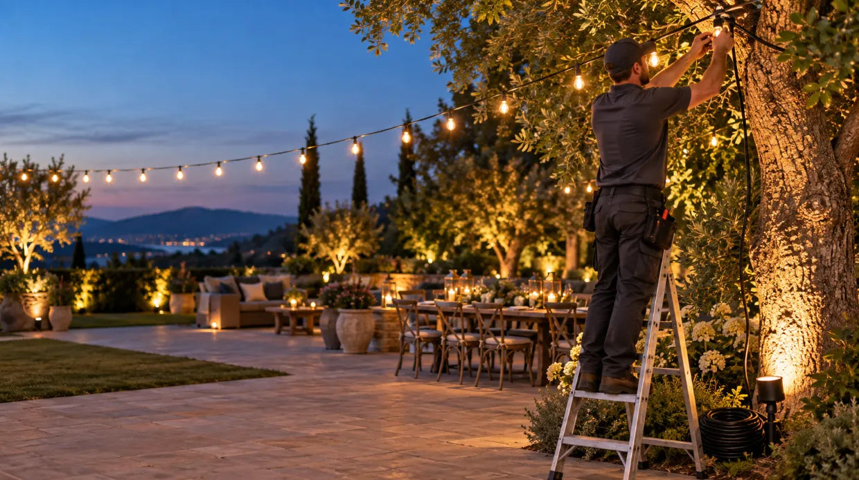 professional light installation worker hanging string lights for outdoor event